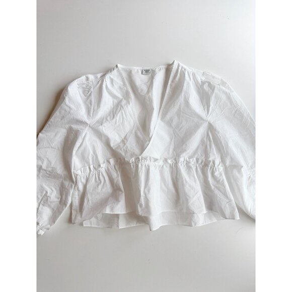 Aritzia SUNDAY BEST Jinx White Taffeta V-Neck Babydoll Peplum Blouse, Size M - Picture 5 of 13